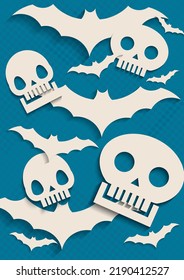 Green vertical background. Alternate circle grid with skull and bat symbols of Halloween.