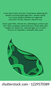 Green vertical banner with 3d tree leaf cut out from paper. Vector template for presentations, banners, flyers and your design.