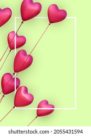 Green vertical banner with realistic 3d pink heart balloons.  Vector illustration.