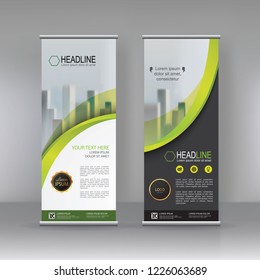 Green Vertical banner stand brochure flyer template design, covers ,infographics ,vector abstract geometric background, modern x-banner and flag-banner advertising design element