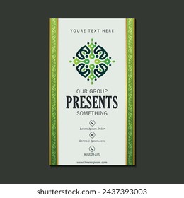 Green vertical business card with ornament pattern