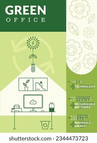 Green vertical green office poster with flat icons Vector illustration