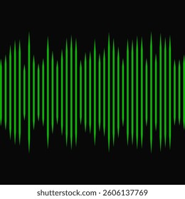 Green vertical spikes, sound wave background. A row of waveform lines. Isolated on a black background.