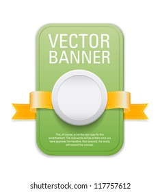 Green vertical vector banner with golden yellow ribbon and white plastic button