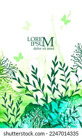 Green vertical watercolor background with sprigs of leaves. Vector illustration