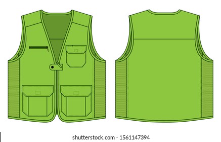 Green Vest With Multi Pocket and Mesh at Side on White Background. Front and Back View, Vector File