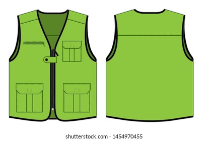 Green Vest with Multiple Pockets and Black Edging Design on White Background. Front and Back Views, Vector File.