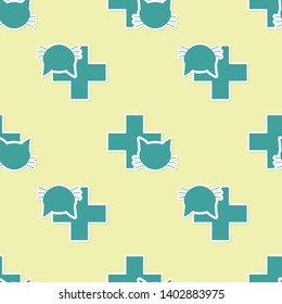 Green Veterinary clinic symbol icon isolated seamless pattern on yellow background. Cross with cat veterinary care. Pet First Aid sign. Vector Illustration