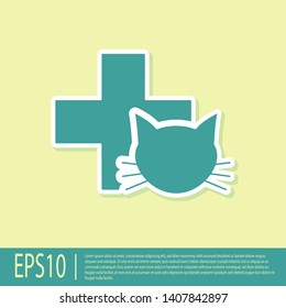 Green Veterinary clinic symbol icon isolated on yellow background. Cross with cat veterinary care. Pet First Aid sign. Vector Illustration
