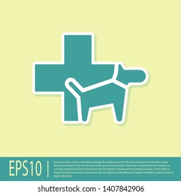 Green Veterinary clinic symbol icon isolated on yellow background. Cross with dog veterinary care. Pet First Aid sign. Vector Illustration