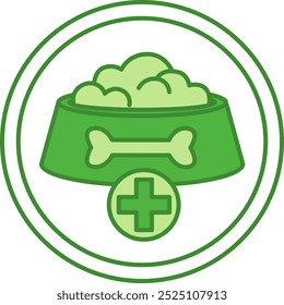 Etiqueta de dieta veterinaria verde. Icono de Vector. Cuenco para mascotas y comida dietética. Propiedades de los alimentos para gatos. Etiqueta engomada del empaquetado de alimentos