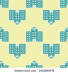 Green Veterinary medicine hospital, clinic or pet shop for animals icon isolated seamless pattern on yellow background. Vet or veterinarian clinic. Vector Illustration