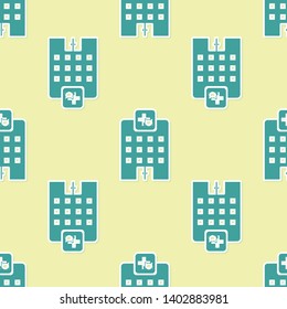 Green Veterinary medicine hospital, clinic or pet shop for animals icon isolated seamless pattern on yellow background. Vet or veterinarian clinic. Vector Illustration