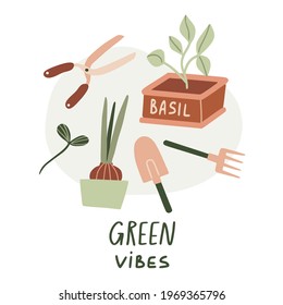 Green vibes Vector hand drawn icon set of gardening. Cute garden work elements: tools, flower pot. Card, poster, banner with lettering for gardener farm, flower store. Spring, summer time