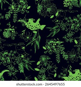 Green vibrant Adorned animals and plant shade With Delicate pattern on black background.