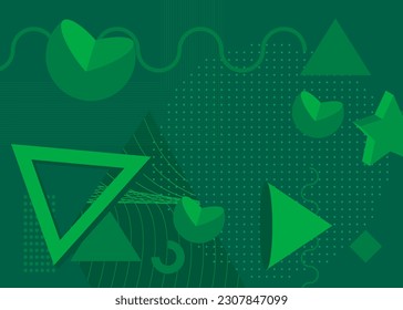 Green vibrant geometrical shapes background. Abstract old simple geometric vector banner, poster. Retro graphic busy psychodelic volumetric art illustration.