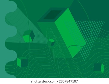 Green vibrant geometrical shapes background. Abstract old simple geometric vector banner, poster. Retro graphic busy psychodelic volumetric art illustration.