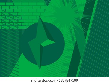 Green vibrant geometrical shapes background. Abstract old simple geometric vector banner, poster. Retro graphic busy psychodelic volumetric art illustration.