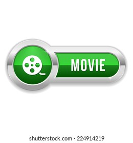 Green video button with metallic border on white background