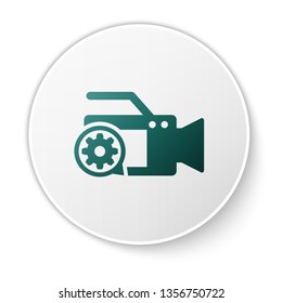 Green Video camera and gear icon isolated on white background. Adjusting app, service concept, setting options, maintenance, repair, fixing. White circle button. Vector Illustration