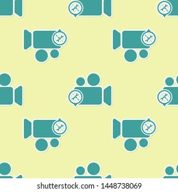 Green Video camera with screwdriver and wrench icon isolated seamless pattern on yellow background. Adjusting, service, setting, maintenance, repair, fixing.  Vector Illustration