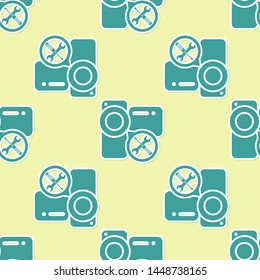 Green Video camera with screwdriver and wrench icon isolated seamless pattern on yellow background. Adjusting, service, setting, maintenance, repair, fixing.  Vector Illustration