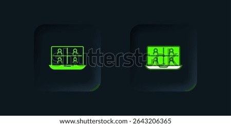 Green Video chat conference icon isolated on black background. Online meeting work form home. Remote project management. Black square button. Vector