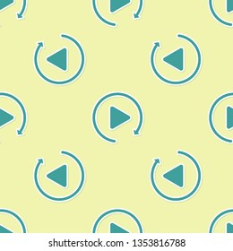 Green Video play button like simple replay icon isolated seamless pattern on yellow background. Flat design. Vector Illustration