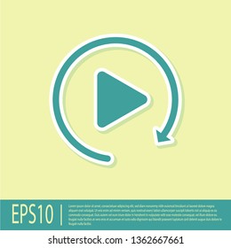 Green Video play button like simple replay icon isolated on yellow background. Flat design. Vector Illustration