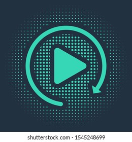Green Video play button like simple replay icon isolated on blue background. Abstract circle random dots. Vector Illustration