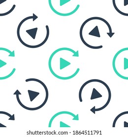 Green Video play button like simple replay icon isolated seamless pattern on white background. Vector.