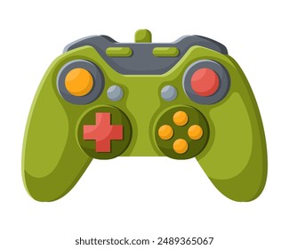 Green videogame joystick. Retro game console, wireless gamepad, icon of playing controller on white background, electronic digital device, accessory for gamers, gaming technology.