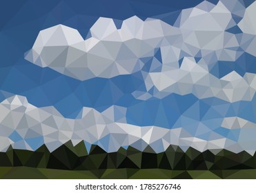 Green view forest low polygon background, jungle vector polygonal wallpaper, colorful geometric wood landscape, fresh plant perspective scene and blue sky cloudy.
