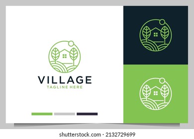 green village line art with home logo design