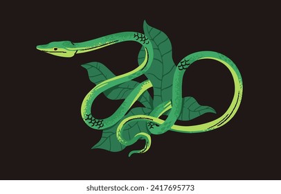 Grüne Weinschlange in Baumblättern. Exotische Dschungelschlange giftige Schlange. Tropisches giftiges Reptil mit langer schlanker Leiche. Regenwaldfauna, farbiges kaltblütiges Tier. Flache einzelne Vektorgrafik
