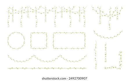 Green vines frames and borders, hanging vine curtain design, botanical elements vector illustration set