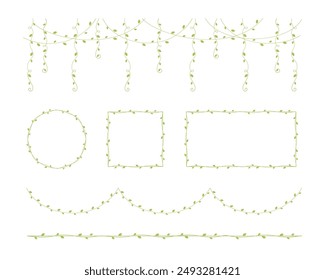 Green vines frames and borders, hanging vine curtain design, botanical elements vector illustration set