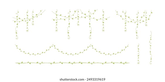 Green vines frames and borders, hanging vine curtain design, botanical elements vector illustration set