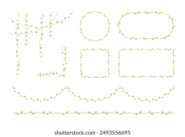 Green vines frames and borders, hanging vine curtain design, botanical elements vector illustration set