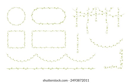 Marcos y bordes verdes de la vid, diseño colgante de la cortina de la vid, conjunto de Ilustración vectorial de Elementos botánicos