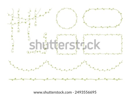 Green vines frames and borders, hanging vine curtain design, botanical elements vector illustration set