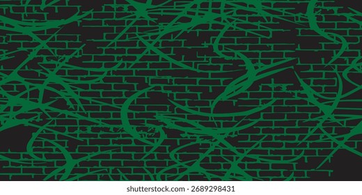 Green Vines Overlapping a Black Brick Wall Pattern