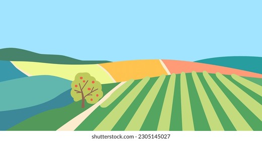 Green vineyards on green hills, meadows and fields. Tree with red fruits on the field. Background for banners, posters, prints. Flat vector illustration.