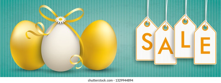 Green vintage banner with easter eggs and price stickers with the text Sale. Eps 10 vector file.