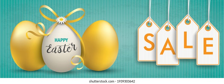 Green vintage banner with easter eggs and price stickers with the text Sale. Eps 10 vector file.