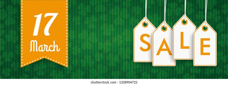 Green vintage banner with orange price stickers for St Patricks Day Sale. Eps 10 vector file.