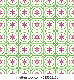 Green Vintage blossom and circle and hexagon and rectangle seamless pattern on pastel background. Retro and classic symmetry style for old or modern design.