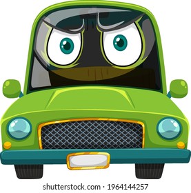 Green vintage car cartoon character with angry face expression on white background illustration