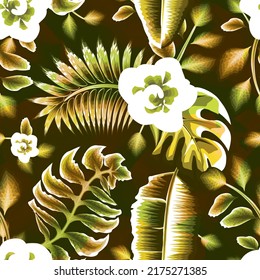green vintage color tropical floral seamless pattern with colorful plants leaves and foliage on abstract background. botanical pattern. nature background. jungle ornament. tropical wallpaper. autumn