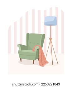 Green vintage empty fabric armchair with woolen red plaid thrown over arm. Modern wooden floor lamp against background of striped wallpaper. Side view. Vector illustration in cartoon style.